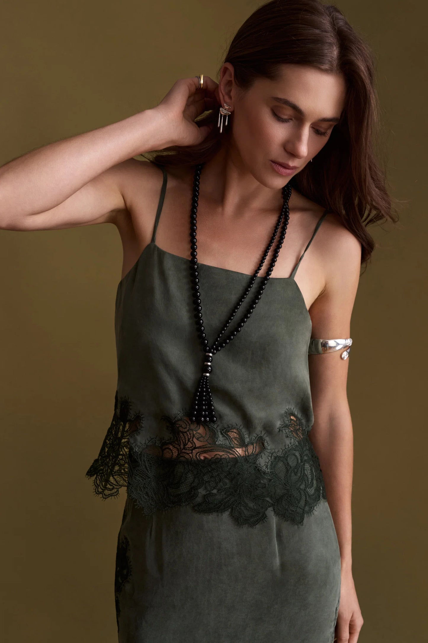 HEVRON Sabra Cami, dark olive green camisole top with lace trim, camisole, women's clothing