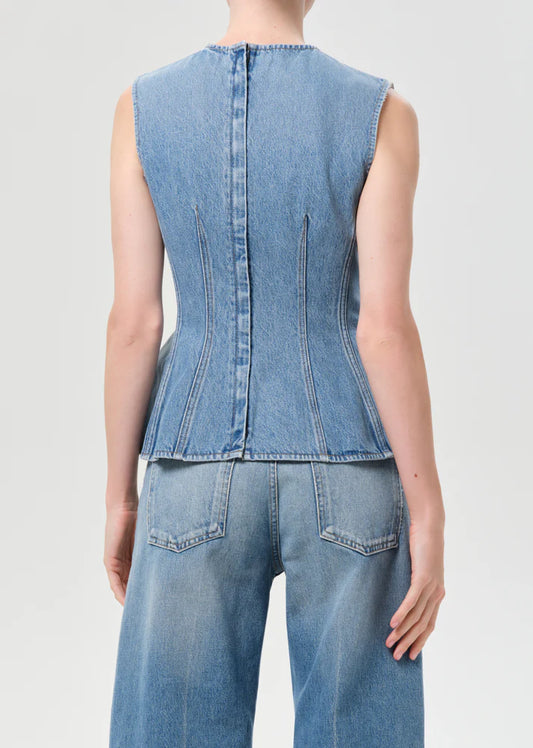 AGOLDE Corbin Denim Shell, sleeveless silhouette with structured seam detailing and a subtle peplum shape, fun top, women's clothing