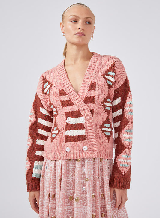 Hayley Menzies Cotton Intarsia Double Breasted Cardigan, cardigan sweater, sweater, women's clothing