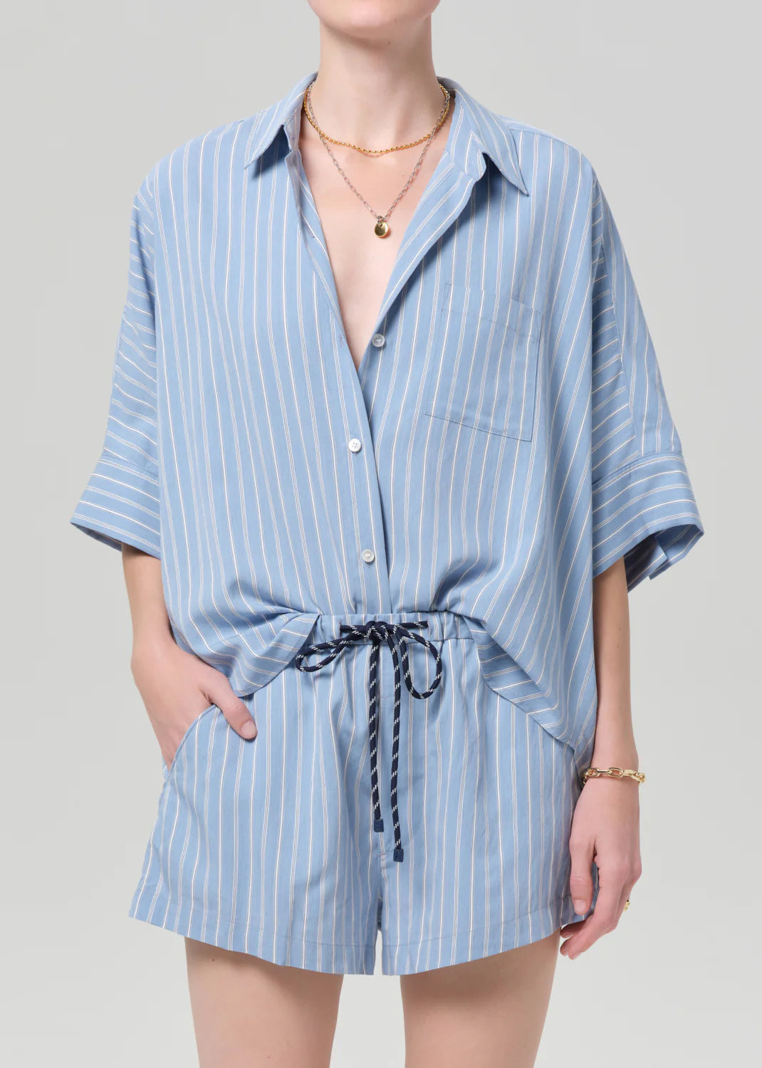 Citizens of Humanity Claire Origami Shirt, short sleeved relaxed fit striped button down shirt, women's clothing