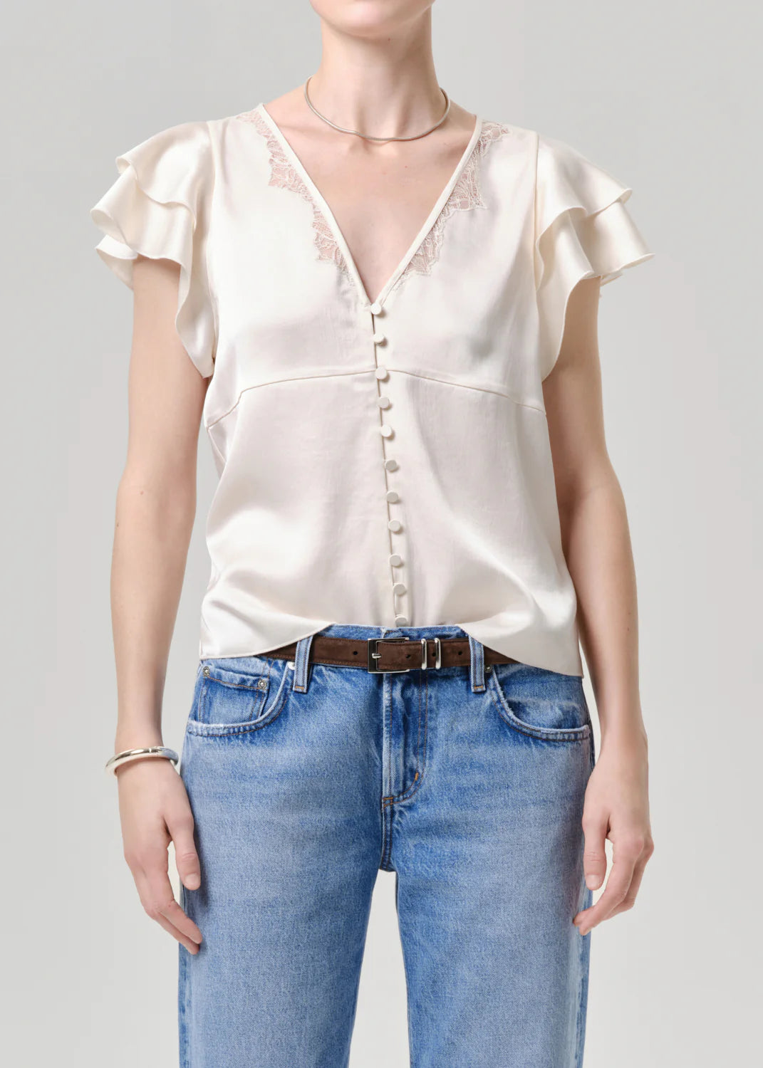 Citizens of Humanity Lola Flutter Sleeve Lace Top, satin short sleeved button town top, fun top, women's clothing
