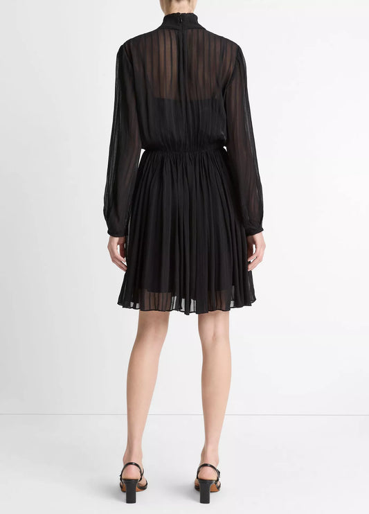 Vince Crinkle Stripe Mock Neck LS Dress