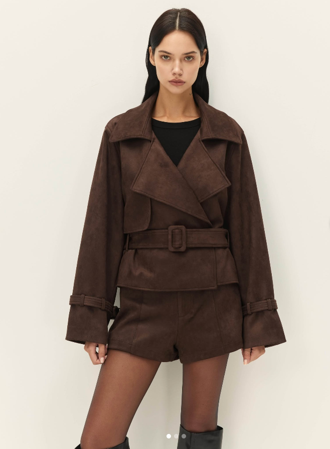 Elodie Marais Faux Suede Cropped Trench, short trench coat, trench coat, women's outerwear