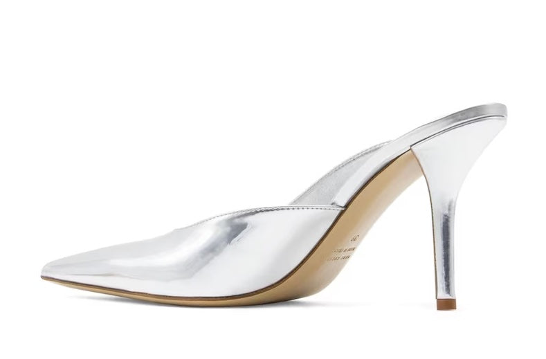 Gia Borghini Abella heel, slides, pointed toe heeled show, silver heels, silver shoes, women's shoes