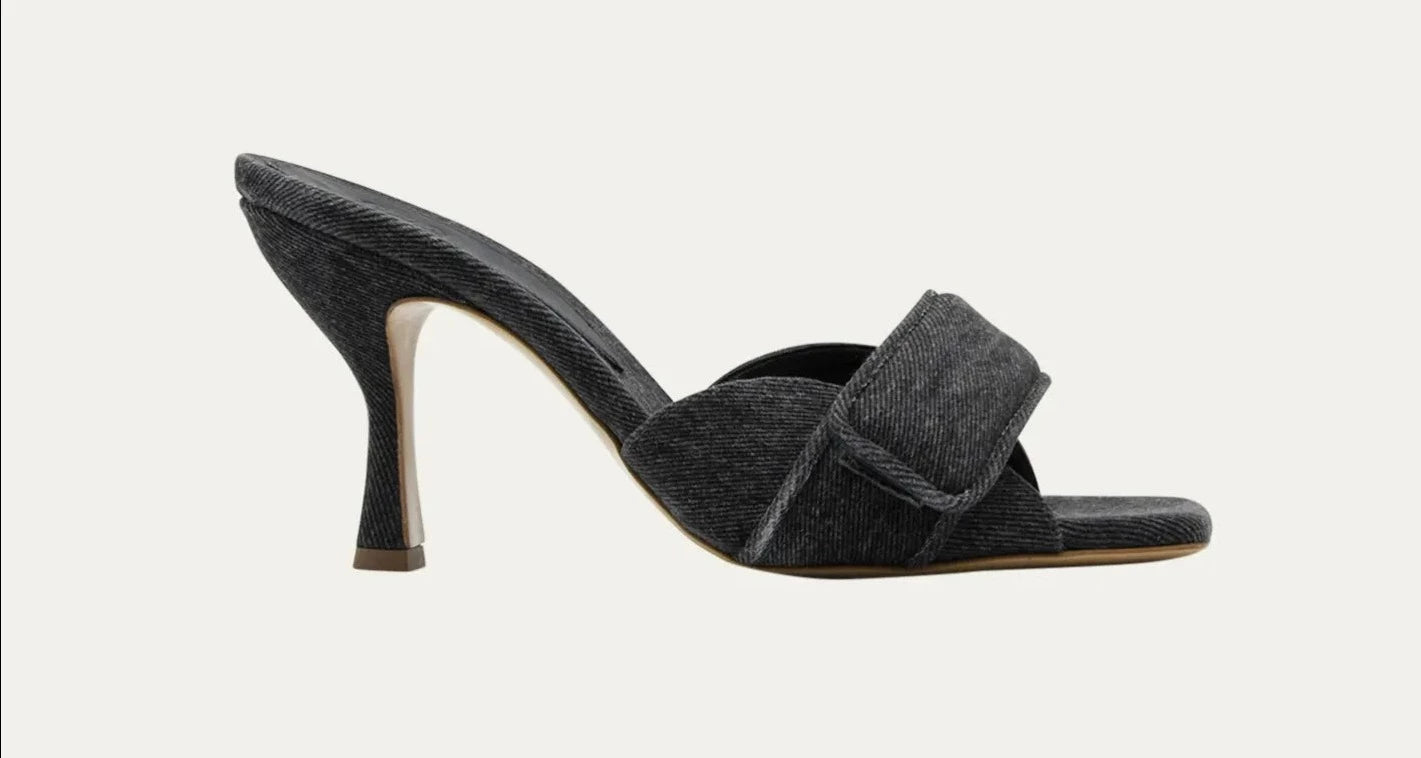 GIABORGHINI Alodie, cotton denim mule sandals, flared stiletto heel, open toe sandal, Slide style, Leather outsole, women's shoes