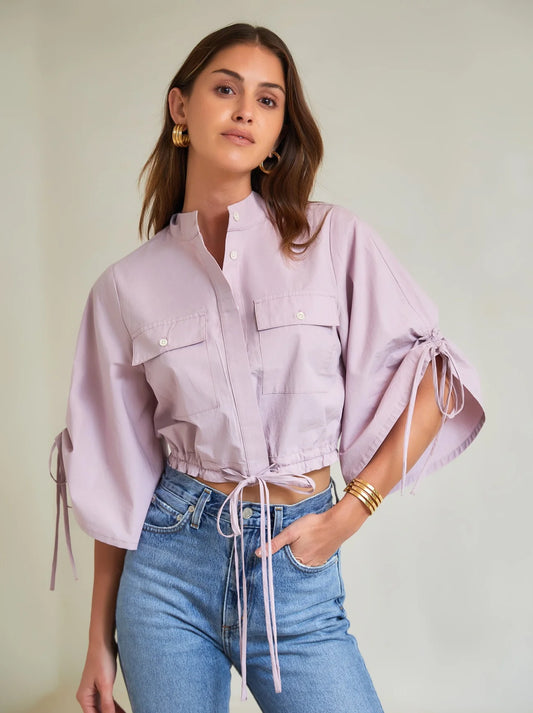 HEVRON Eva Top, 100% cotton poplin button down shirt with ties on sleeves and waist. button down shirt, cropped shirt, women's clothing