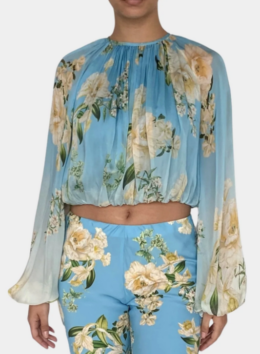 Hemant & Nandita Aija Crop Top, floral top, light blue with flowers, bubble sleeves, women's clothing