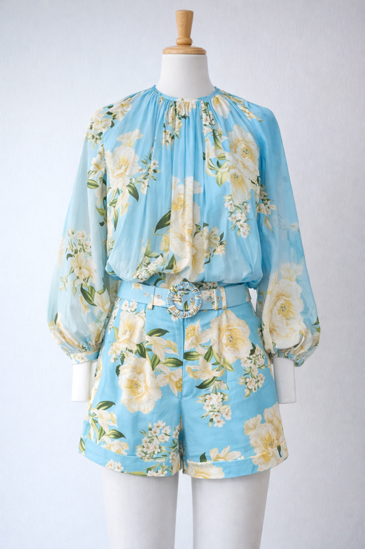 Hemant & Nandita Aija Crop Top, floral top, light blue with flowers, bubble sleeves, women's clothing