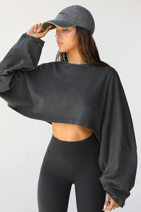Joah Brown Slouchy Crop Long Sleeve, sweatshirt, oversized sweatshirt, cropped sweatshirt, long sleeved top, women's clothing