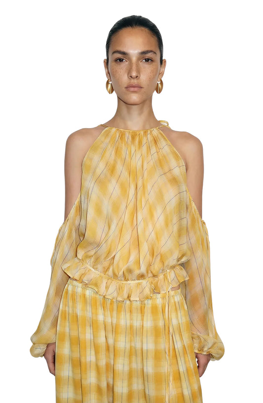Ronny Kobo Kiera Top, dressy top, long sleeved open shoulder flowy top, plaid top, women's clothing