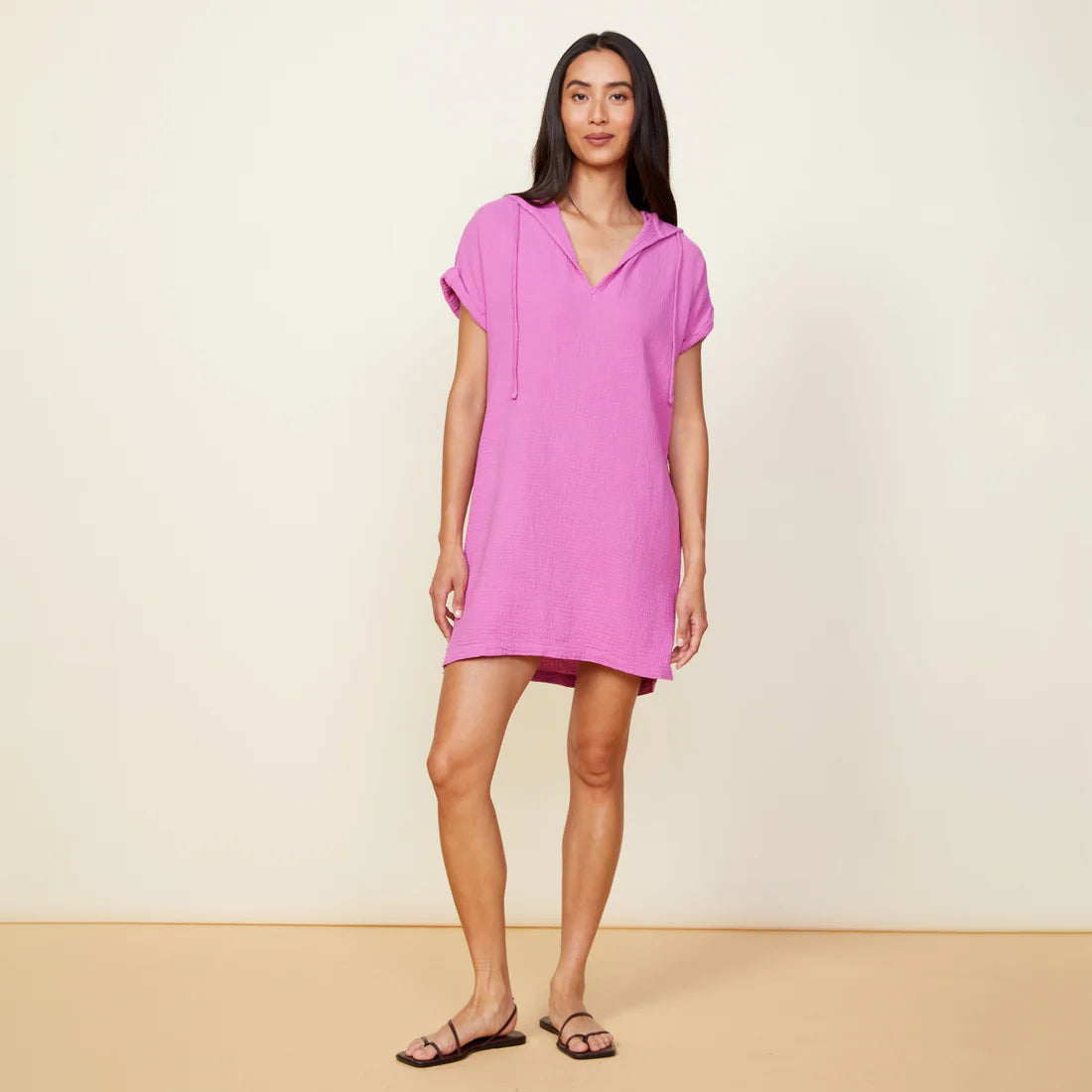 Monrow Gauze Hooded Dress, Lightweight gauze fabric, Short sleeve dress, Mid-thigh length dress, Deep v-neckline dress, Hooded dress, 100% Cotton, Swim Coverup, Women's clothing