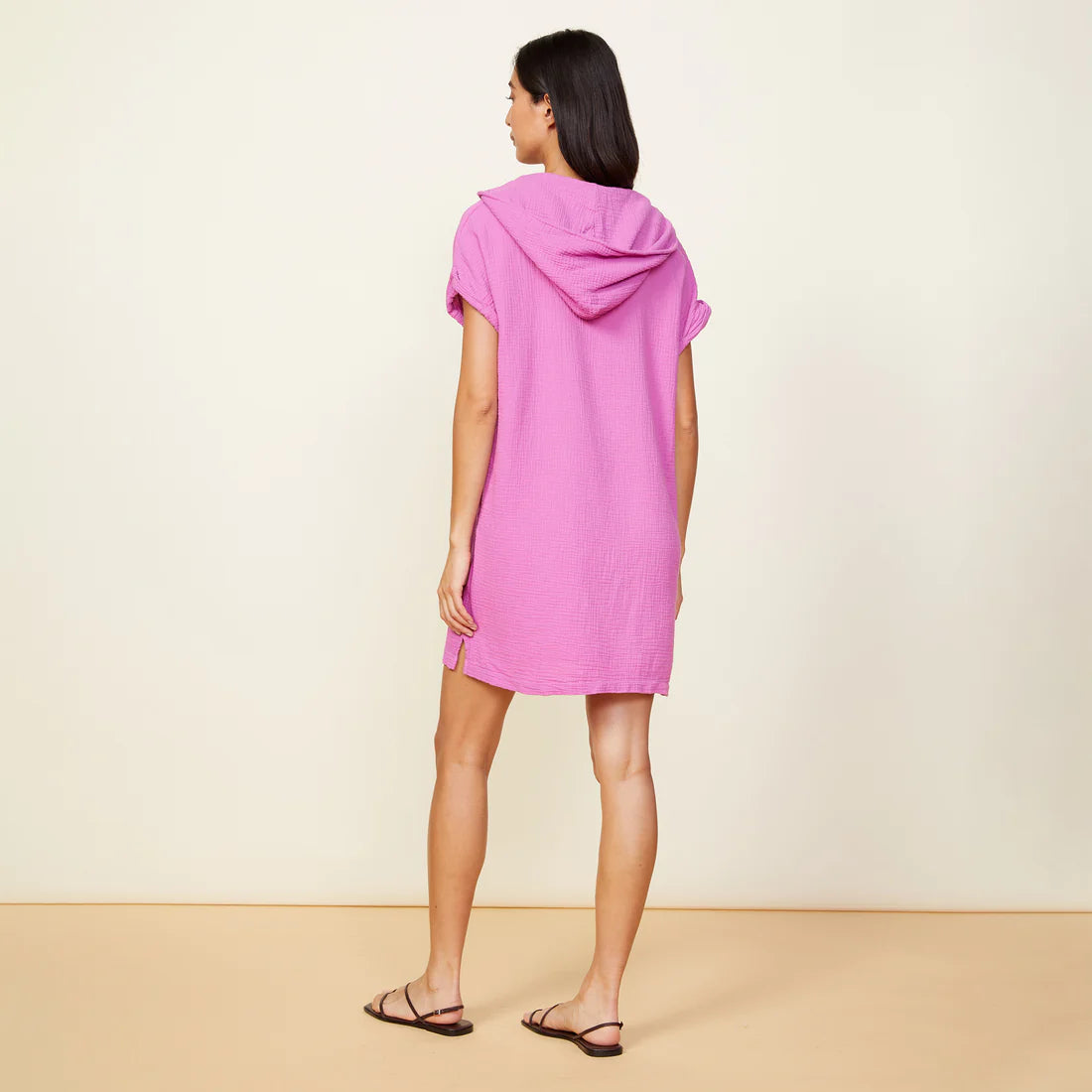 Monrow Gauze Hooded Dress, Lightweight gauze fabric, Short sleeve dress, Mid-thigh length dress, Deep v-neckline dress, Hooded dress, 100% Cotton, Swim Coverup, Women's clothing