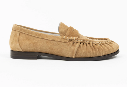 ONCEPT Dover Loafer, A tan suede moccasin loafer with gathered detailing and a dark brown sole, women's shoes