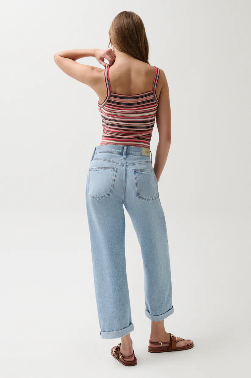 Pistola Donny Rolled Hem Boyfriend, high rise and relaxed top block that opens into a softly bowed wide leg, finished with a double rolled cuff, women's clothing