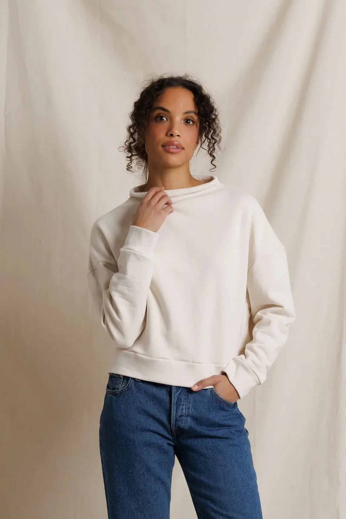 Perfect White Tee Arden Mock Neck Sweatshirt, rolled neckline, french terry fabrication and full length long sleeves, sweatshirt, women's clothing