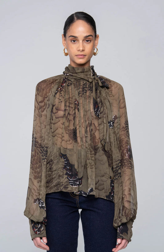 Ronny Kobo Zenia Top, sheer chiffon shirt, camo print top, ruffles, voluminous sleeves, tie neck shirt, women's clothing