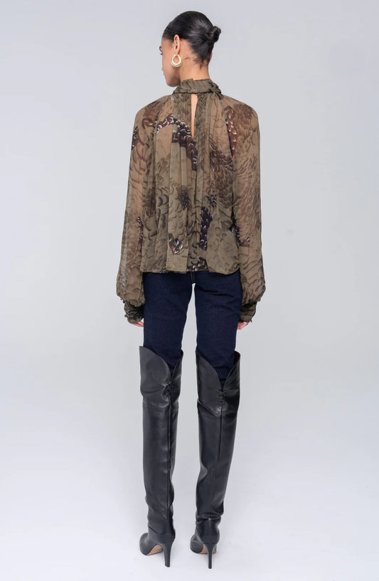 Ronny Kobo Zenia Top, sheer chiffon shirt, camo print top, ruffles, voluminous sleeves, tie neck shirt, women's clothing