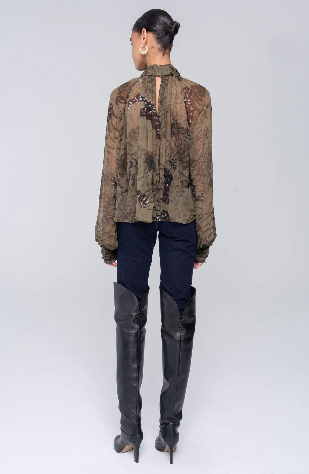 Ronny Kobo Zenia Top, sheer chiffon shirt, camo print top, ruffles, voluminous sleeves, tie neck shirt, women's clothing