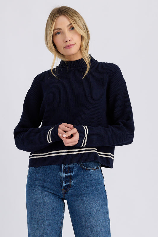 Stitches & Stripes Emil Mockneck, mock neck sweater with stripes at the waist and wrists, women's clothing