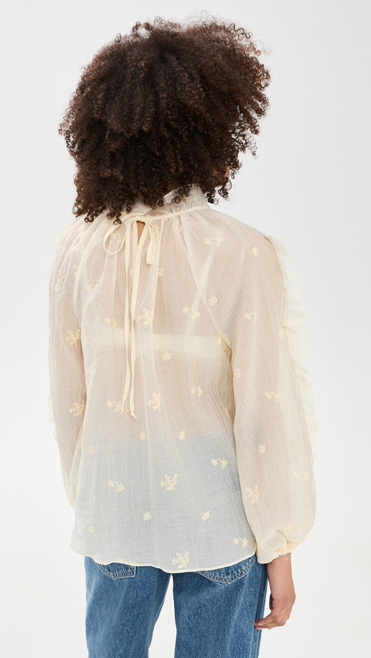 Secular Priscilla Shirt is sheer with featherweight chiffon, delicately crinkled and dusted in floral embroidery, long sleeved, women's clothing