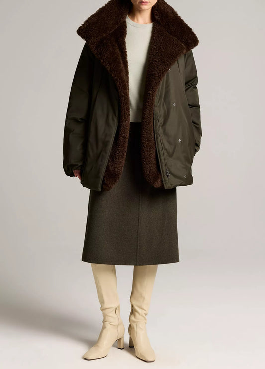 Vince Fur Lined Puffer, dark olive green puffer jacket with a large brown shearling collar, puffer jacket, women's outerwear
