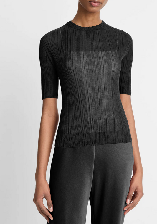 Vince Double Layer Rib Elbow Sleeve, short sleeved shirt, light sweater, top, women's clothing