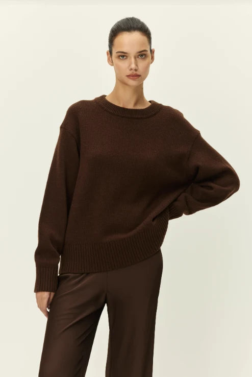 elodie Anouk Crewneck Sweater, oversized dark brown knit sweater, crewneck sweater, women's clothing