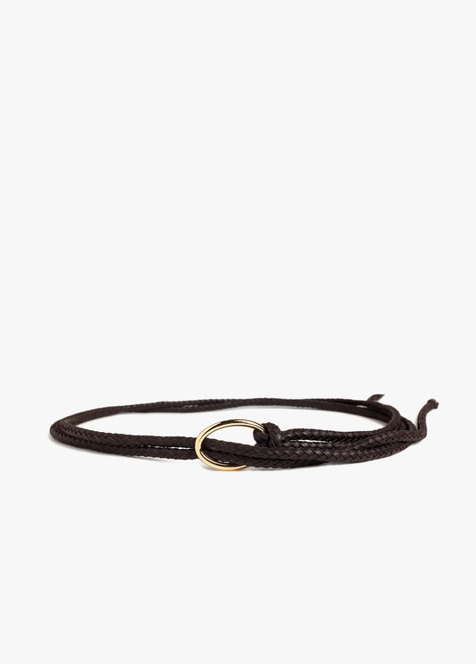 Favorite Daughter The Woven Knot Belt, brown leather woven belt with gold metal ring, ties at the waist or hips, women's accessories