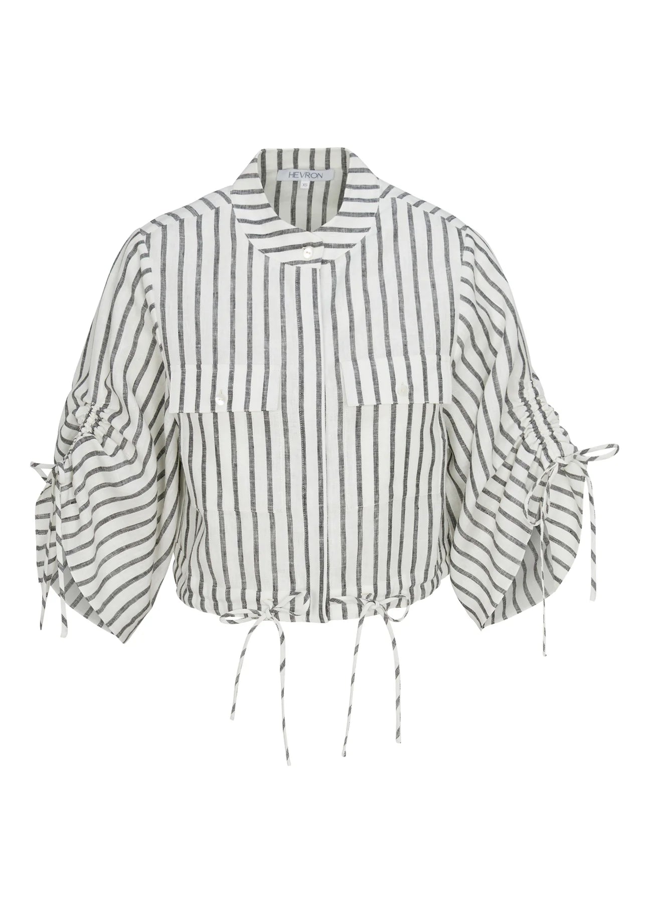 HEVRON Yarn Dyed Eva Top, crop shirt showcases a button-front closure, a relaxed band collar and elevated cargo-esque front pockets, women's clothing