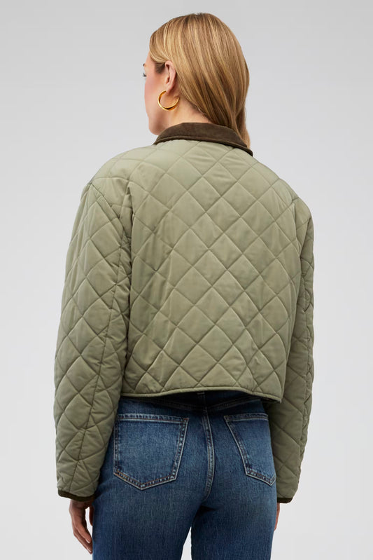elodie Nina Quilted Jacket, cropped, olive green diamond-quilted jacket with dark brown collar and pocket trim, women's outerwear