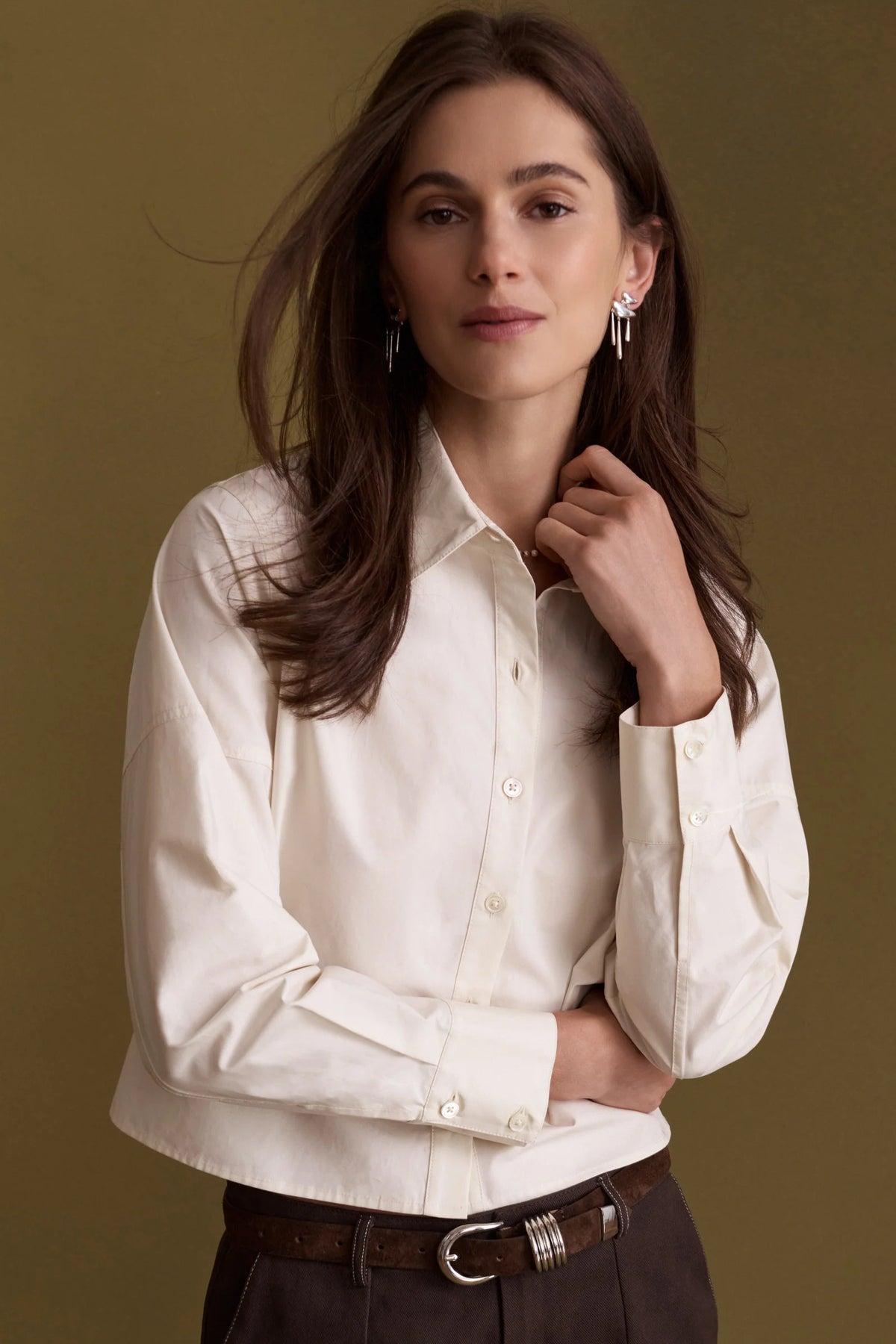 Hevron Amita Top, cream-colored long-sleeve button-down shirt, cropped shirt, women's clothing