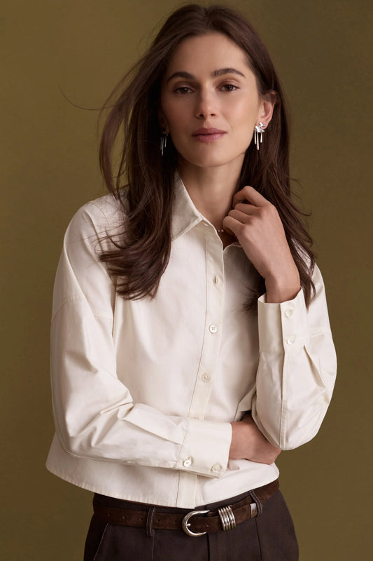 Hevron Amita Top, cream-colored long-sleeve button-down shirt, cropped shirt, women's clothing