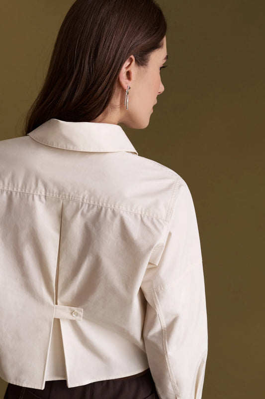 Hevron Amita Top, cream-colored long-sleeve button-down shirt, cropped shirt, women's clothing