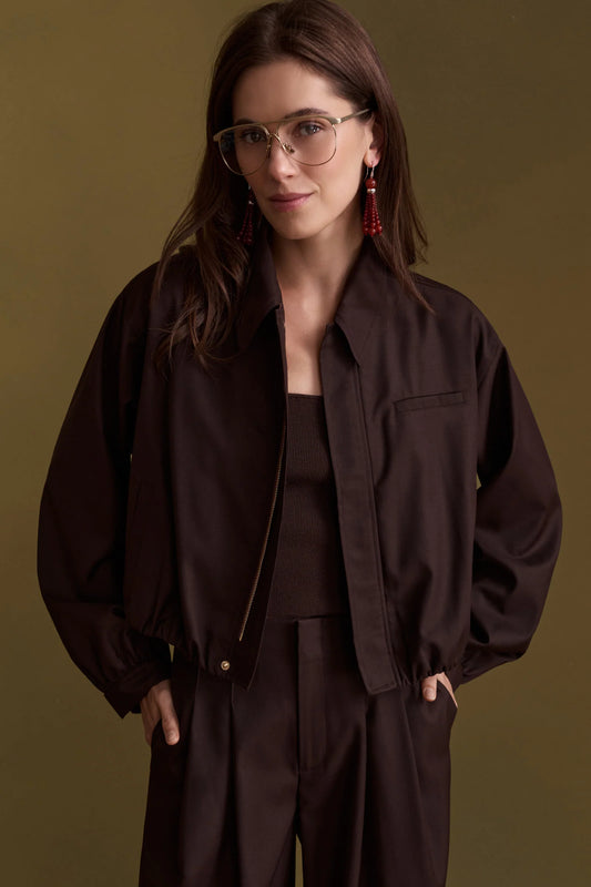 Hevron Bree Jacket, classic collared jacket with blouson shape, center-front zipper jacket, tailored jacket, women's outerwear