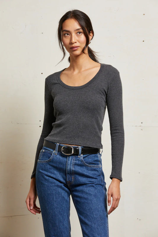 Perfect White Tee Josie Sweater Rib U-Neck Charcoal, long sleeved shirt, shirt, ribbed cotton shirt, women's clothing