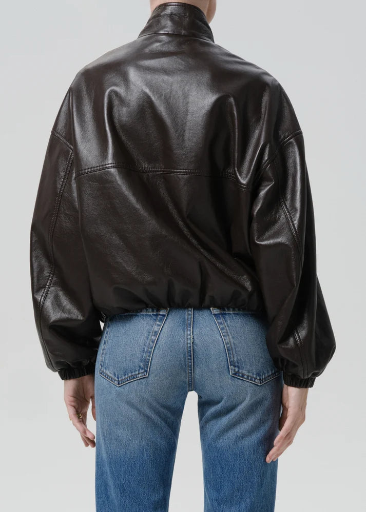 Citizens of Humanity Leather Barracuta Bubble Jacket is a classic leather outerwear with a softly sculpted silhouette and relaxed structure, women's outerwear
