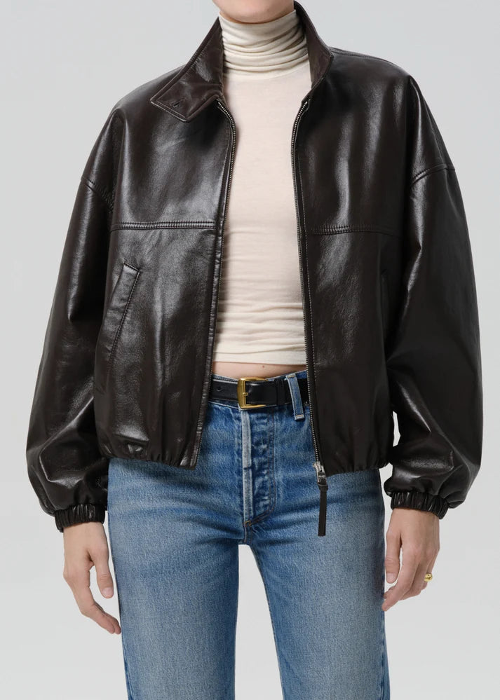 Citizens of Humanity Leather Barracuta Bubble Jacket is a classic leather outerwear with a softly sculpted silhouette and relaxed structure, women's outerwear