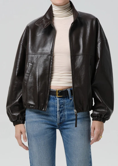Citizens of Humanity Leather Barracuta Bubble Jacket is a classic leather outerwear with a softly sculpted silhouette and relaxed structure, women's outerwear