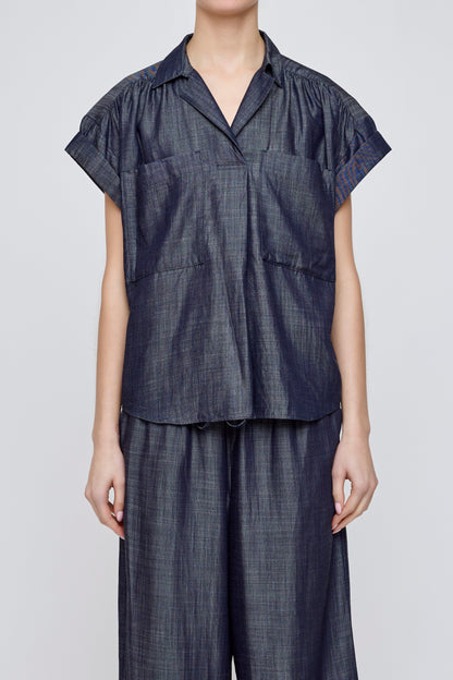 MV Basic Denim Shirt, denim top, designed with a subtle sheen, patch pockets at the chest, and soft ruching at the sleeves, women's clothing