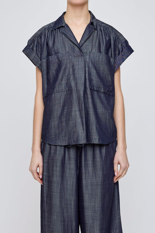 MV Basic Denim Shirt, denim top, designed with a subtle sheen, patch pockets at the chest, and soft ruching at the sleeves, women's clothing