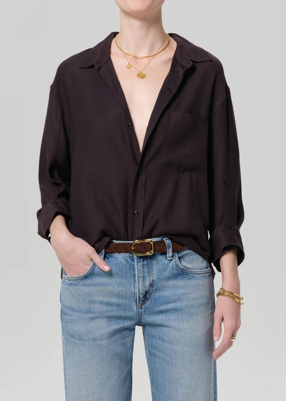 Citizens of Humanity Kayla in Portofino Twill, button-up shirt, long-sleeve collared top, women's clothing