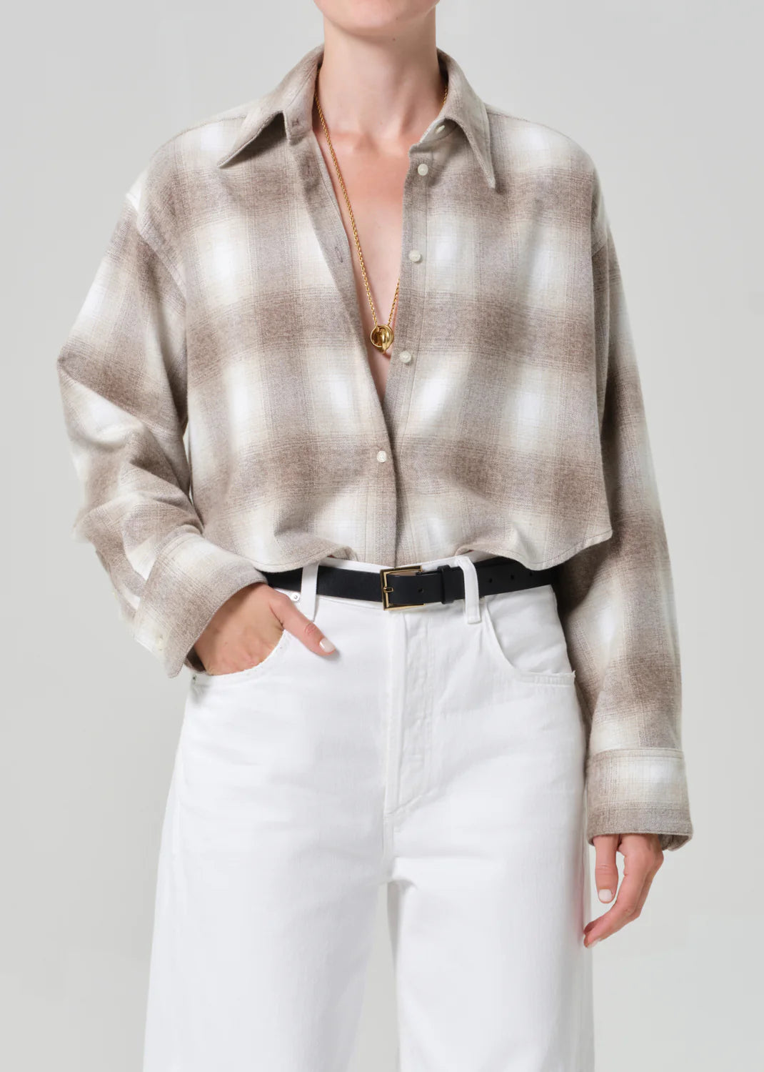 Citizens of Humanity Ana Cropped Shirt, long sleeved button down cropped shirt with tan plaid pattern, women's clothing