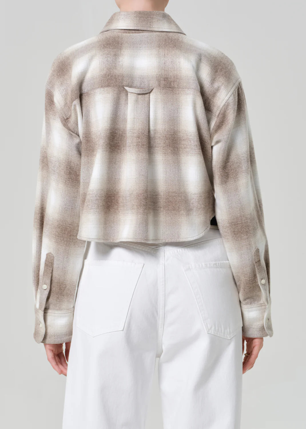 Citizens of Humanity Ana Cropped Shirt, long sleeved button down cropped shirt with tan plaid pattern, women's clothing