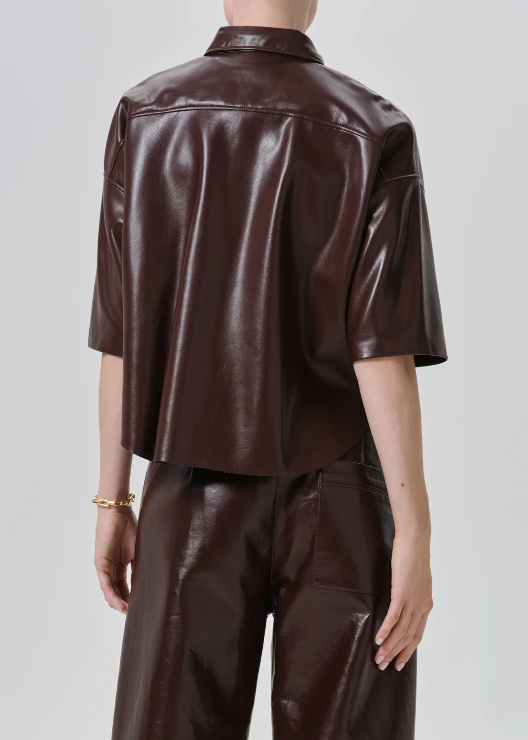 Citizens of Humanity Frances Leather Cape Button Up, leather cropped shirt with a boxy silhouette made with midweight vegan leather, women's clothing