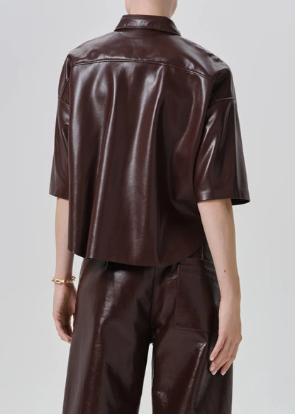 Citizens of Humanity Frances Leather Cape Button Up, leather cropped shirt with a boxy silhouette made with midweight vegan leather, women's clothing