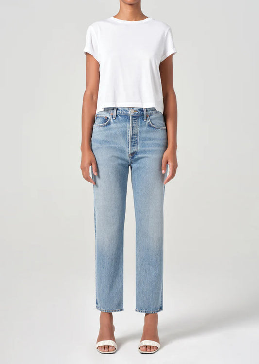 AGOLDE 90's Pinch Waist Crop in Stage, denim jeans, clean denim, cropped jeans, jeans, women's clothing