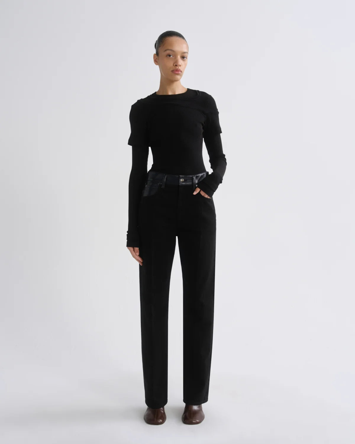 AGOLDE Morgan Jean, trouser-inspired denim, clean black wash with contrasting recycled leather at the waistband and pockets, the stovepipe silhouette, women's clothing