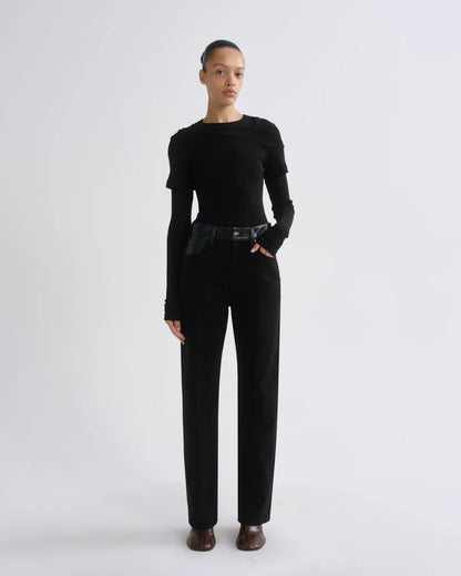 AGOLDE Morgan Jean, trouser-inspired denim, clean black wash with contrasting recycled leather at the waistband and pockets, the stovepipe silhouette, women's clothing