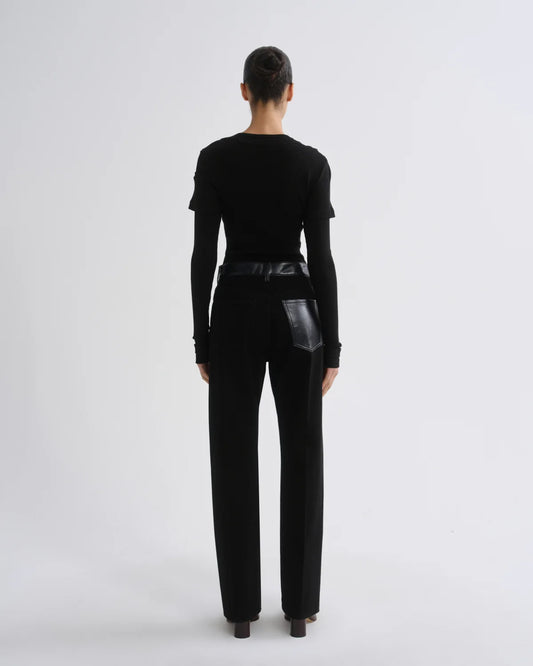 AGOLDE Morgan Jean, trouser-inspired denim, clean black wash with contrasting recycled leather at the waistband and pockets, the stovepipe silhouette, women's clothing