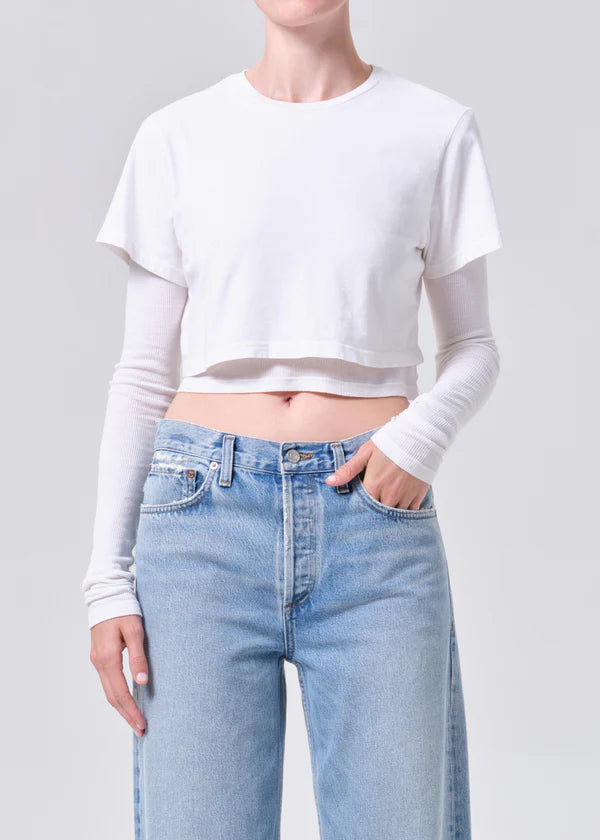 AGOLDE Romily Tee, a double layer shirt combining a cropped short sleeve tee over a fitted long sleeve base, women's clothing